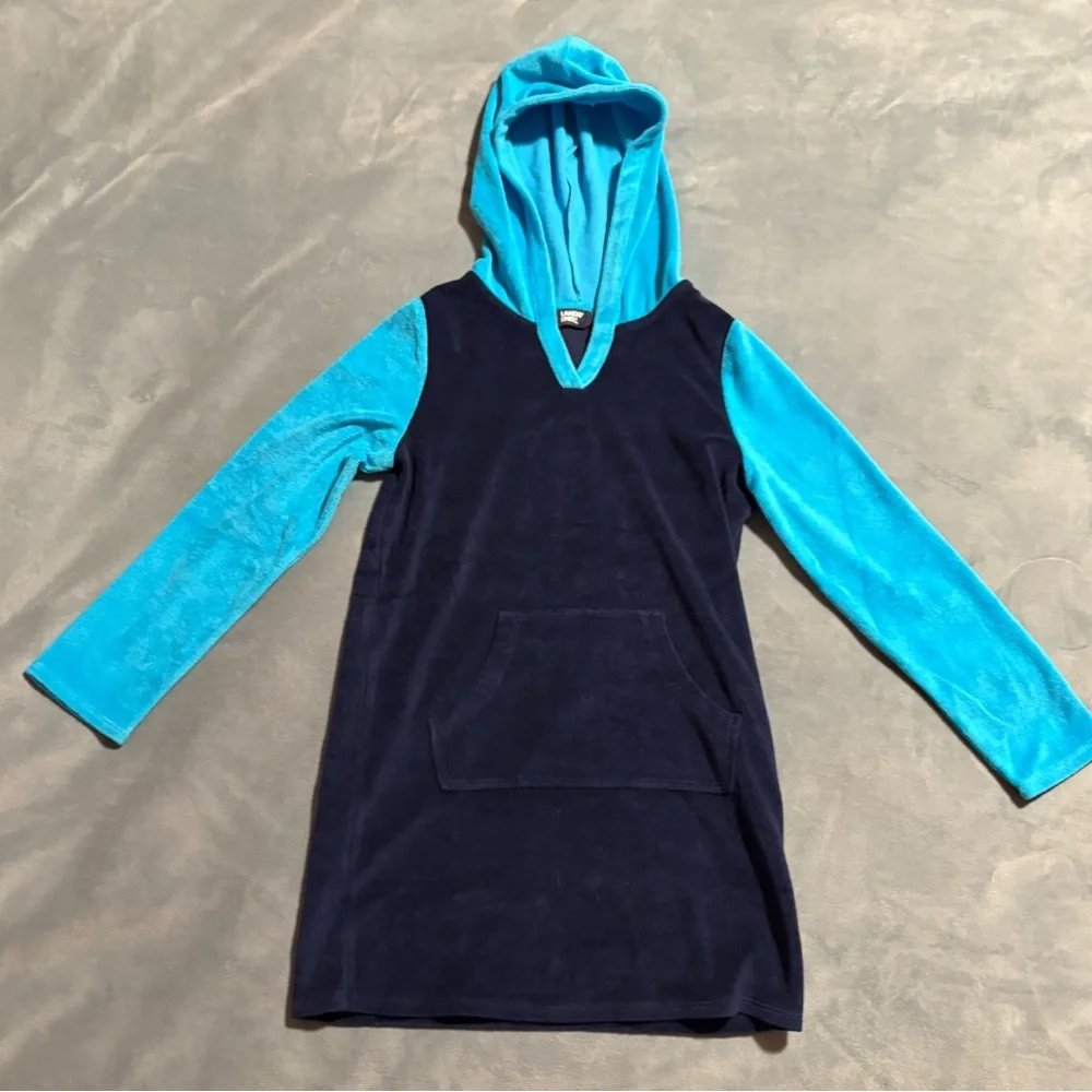 Lands End Girls Long Sleeve Hooded Front Pocket Terry Cloth Swimsuit Cover-Up